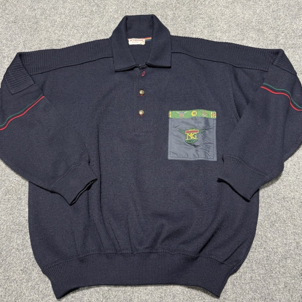 VTG McGregor Sportswear Sweater L Blue Wool Blend Pocket Patch Polo Jumper Italy